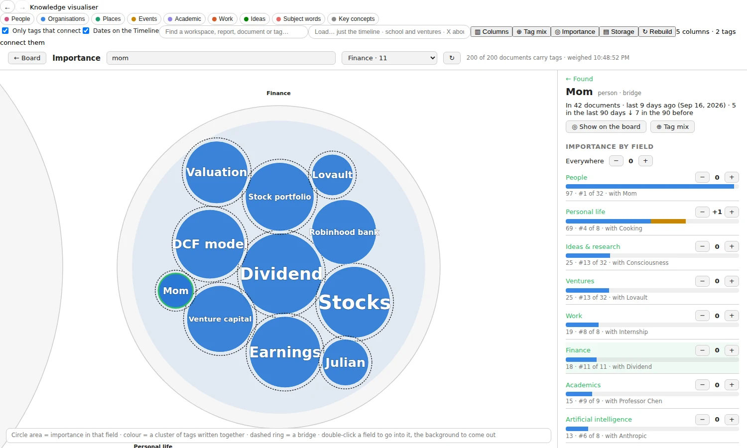 The Importance view of the knowledge visualiser: tags drawn as circles inside a Finance field, with Dividend, Stocks and Earnings the largest, and a side panel weighing one tag across People, Personal life, Ideas and research, Ventures, Work, Finance, Academics and Artificial intelligence.