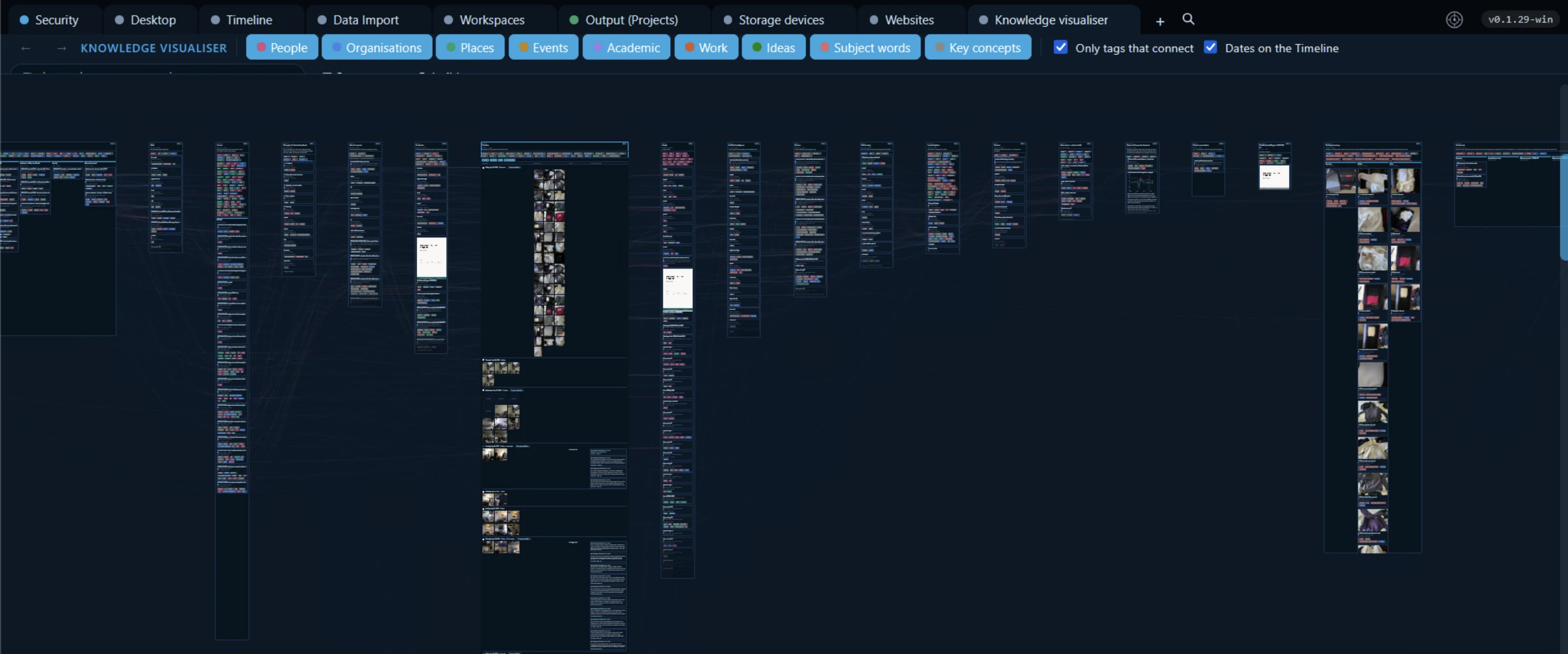 The knowledge visualiser: every piece of work as a column, joined by the tags they share, with the timeline in the middle.