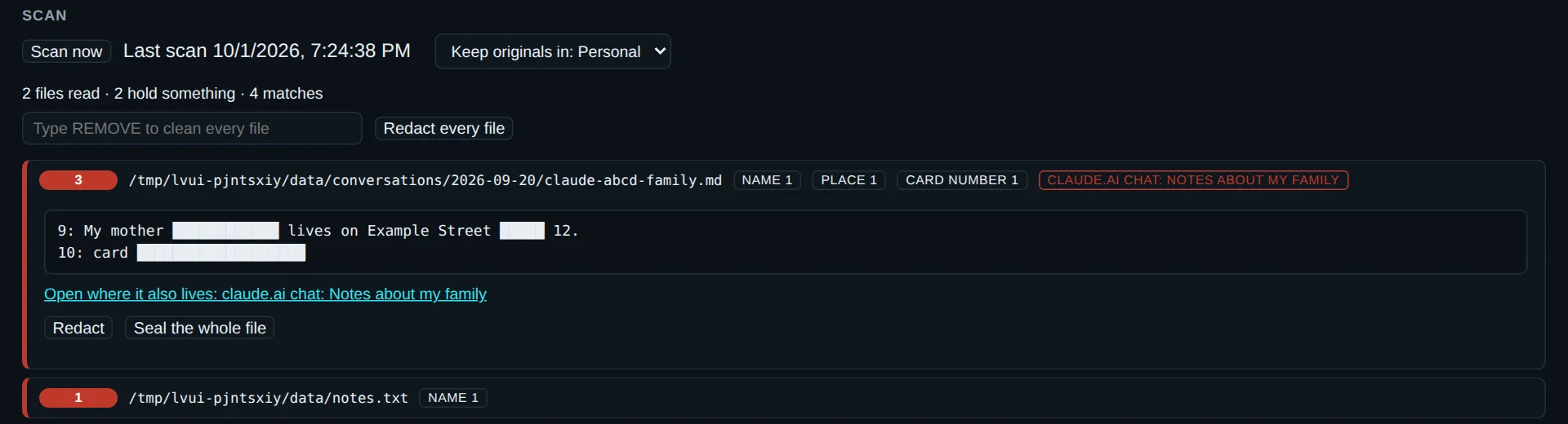 The Trace cleaner: a scan listing files that hold personal data, a preview with every match blacked out, and a checklist of services to clean.
